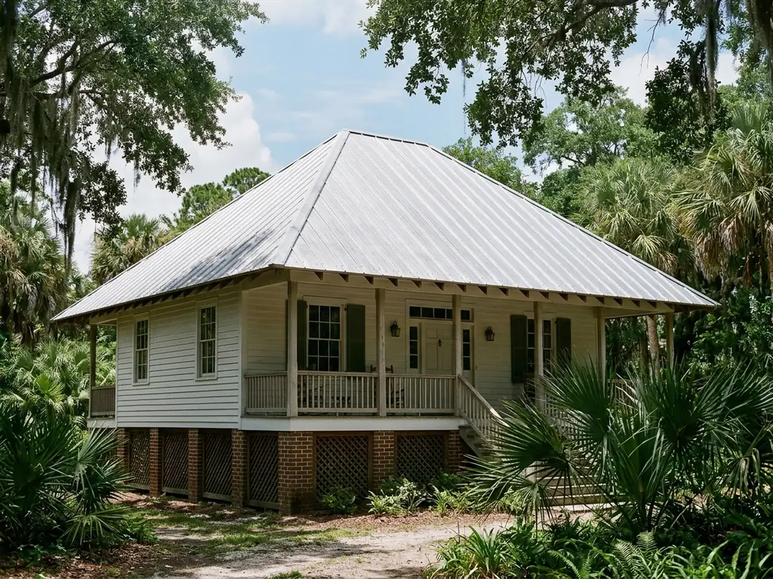 Silver unpainted Galvalume 5V crimp metal roof on a raised white cottage with a hip roof and deep eaves