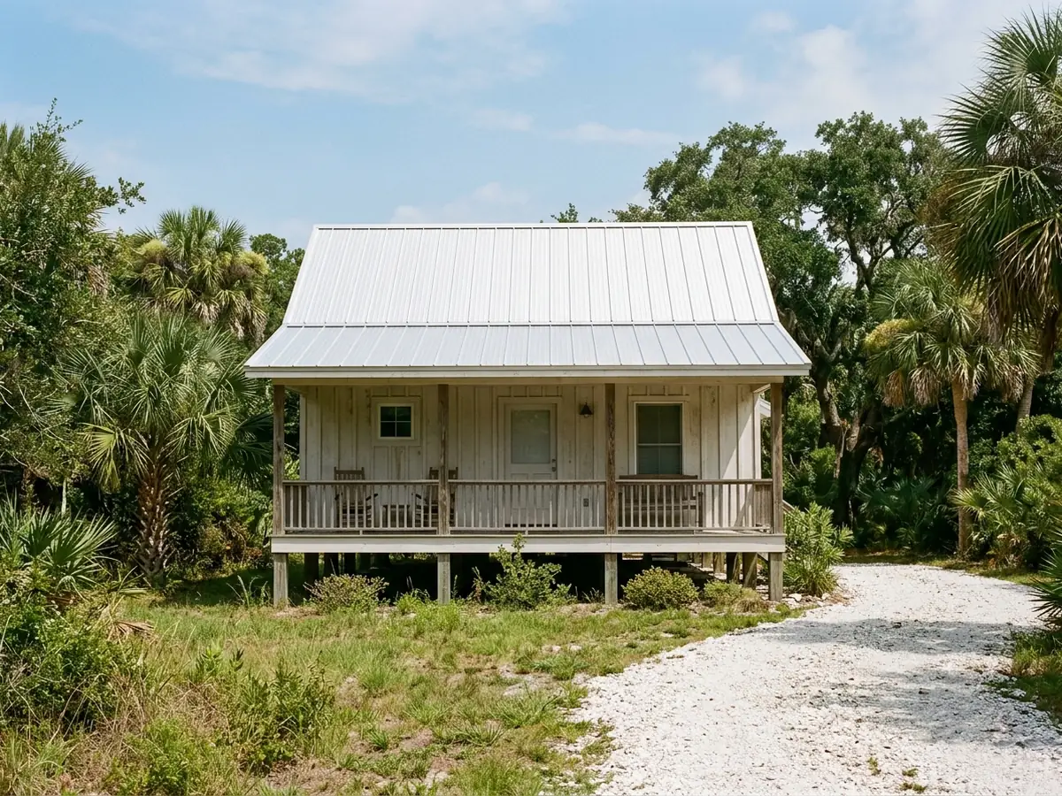 Small raised cottage with a deep front porch and a silver 5V crimp metal roof among palmetto trees