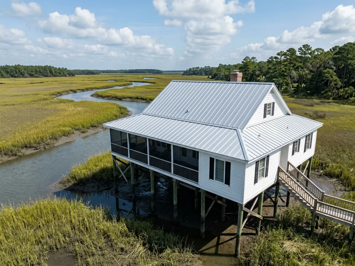 Raised white house on pilings beside a tidal creek, with a light grey aluminum standing seam roof and a deep shaded porch