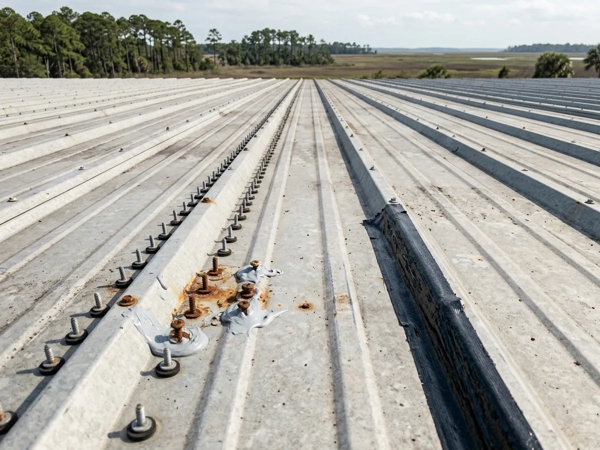 Low-slope ribbed warehouse roof with rows of exposed screws and a few rusted fasteners circled by fresh sealant
