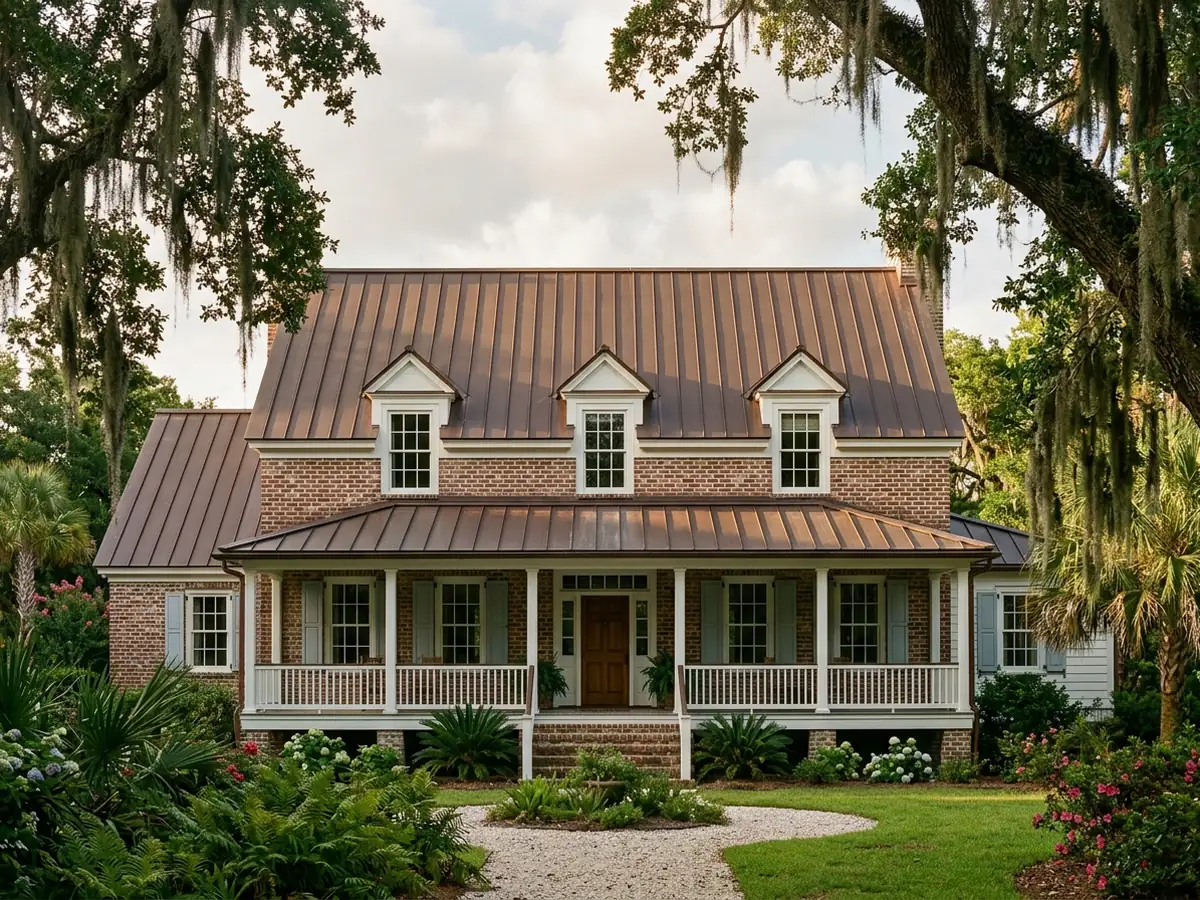 Raised brick house with a full copper standing seam roof weathered to a deep brown, framed by live oaks