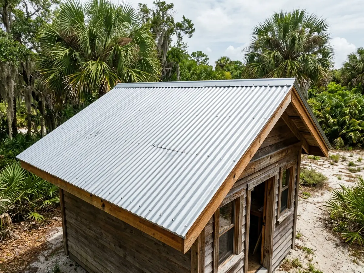 Silver Galvalume corrugated metal roof with rounded wave-shaped corrugations on a small wooden workshop