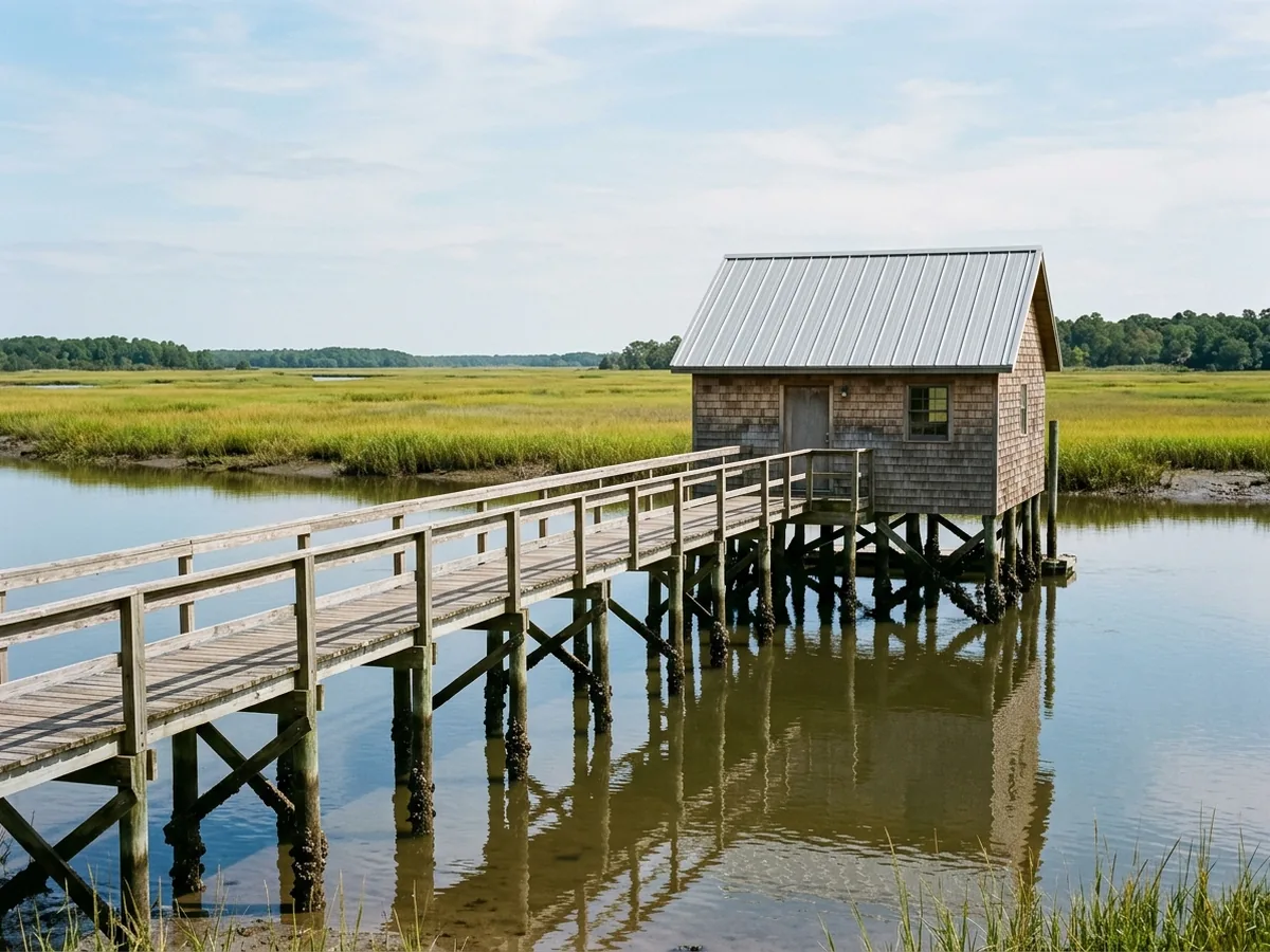 Small wooden boathouse at the end of a long dock over a tidal creek, roofed with ribbed galvalume panels