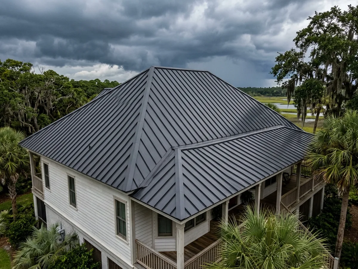 Steep hip roof with charcoal standing seam panels and tightly folded double-lock seams under a stormy sky