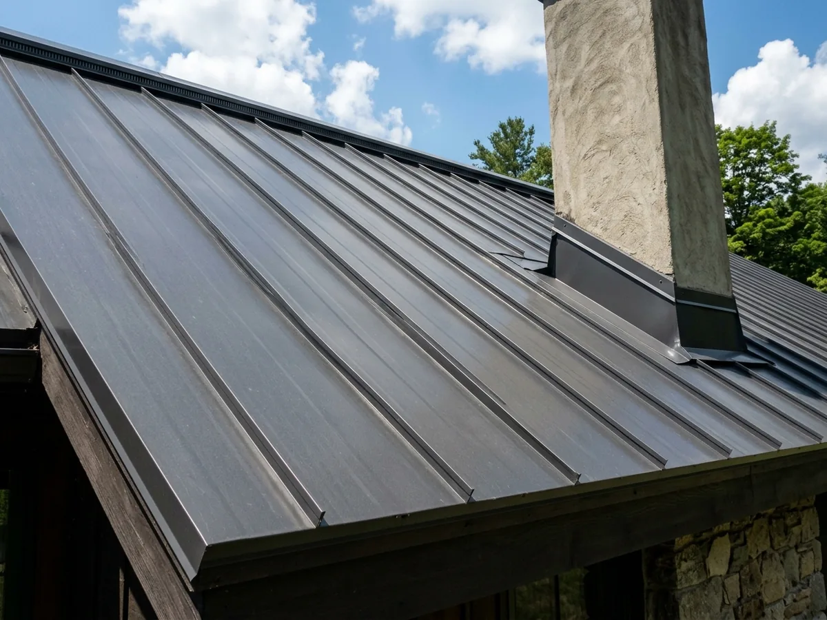 Charcoal standing seam metal roof with tall folded seams running up to a vented ridge cap beside a stucco chimney
