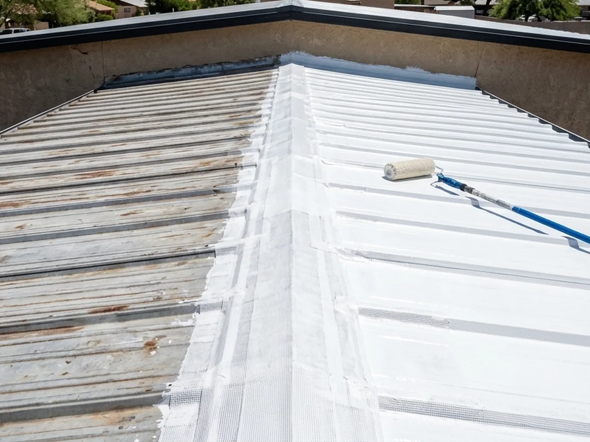 Low-slope ribbed metal roof partly covered in fresh white roof coating with reinforced fabric over the seams