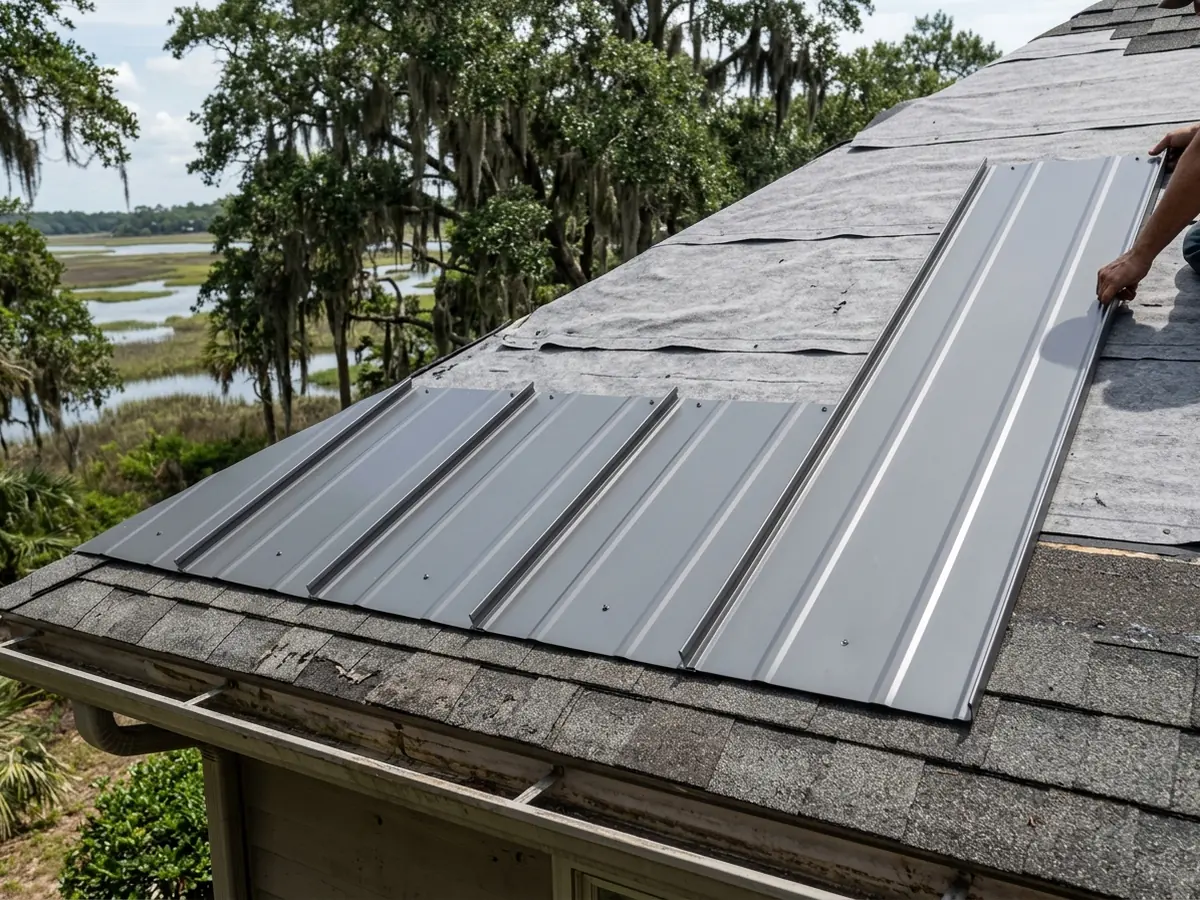 Standing seam metal panels being laid over grey synthetic underlayment on top of old asphalt shingles
