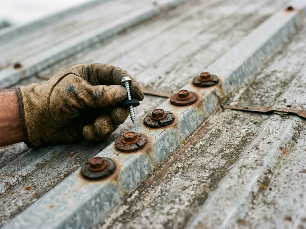 Gloved hand holding a new gasketed screw above corroded screws with flattened washers on a weathered ribbed metal roof
