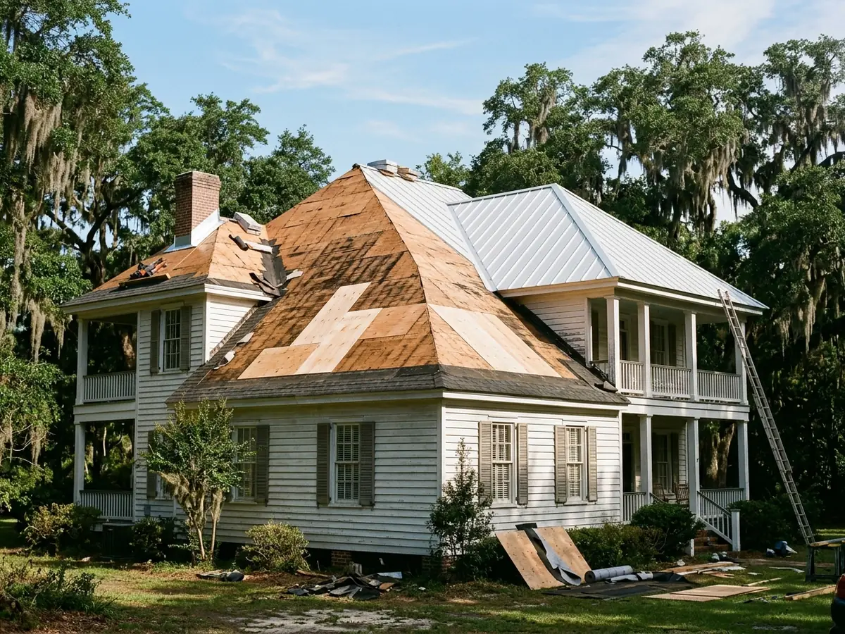 Two-storey clapboard house mid re-roof: one slope stripped to new plywood, the other in white standing seam metal