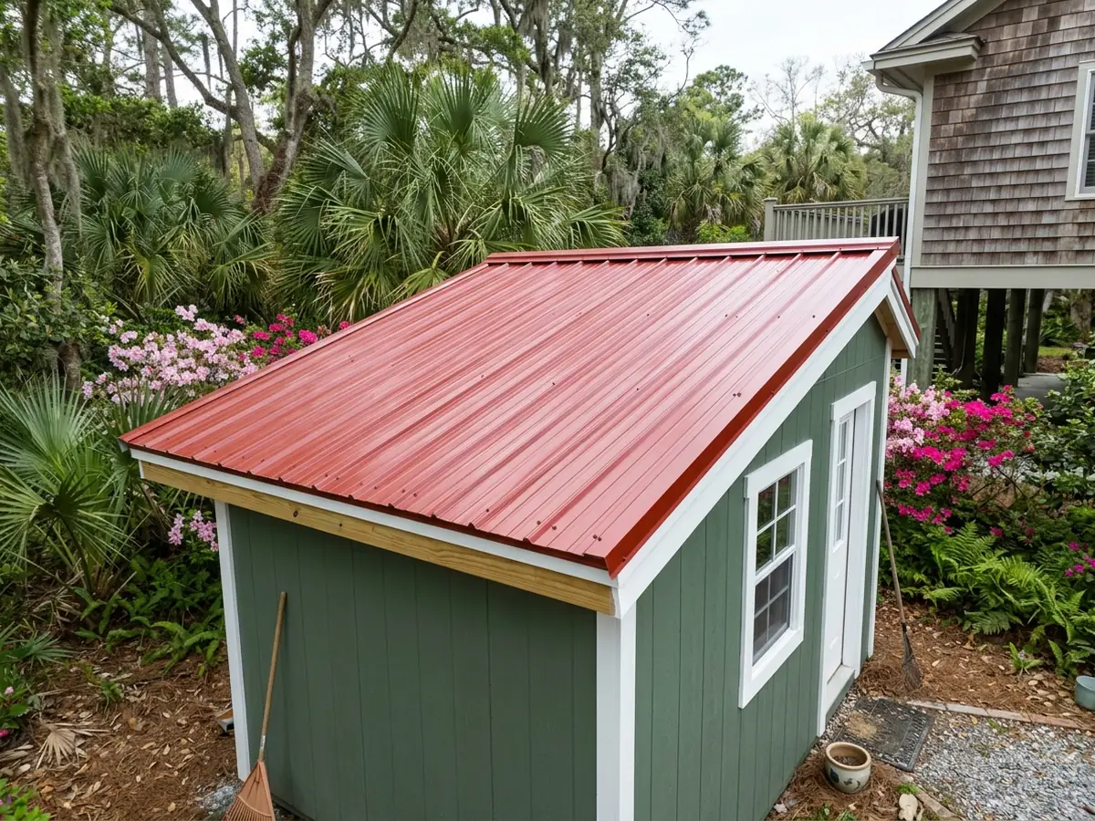 Small wooden backyard workshop with a new barn-red ribbed metal roof and white trim, set among palmettos behind a house