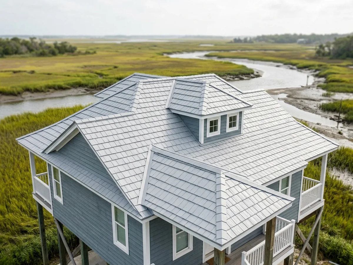 Coastal house with a light grey aluminum shingle roof in an asphalt-shingle pattern, with a hipped dormer