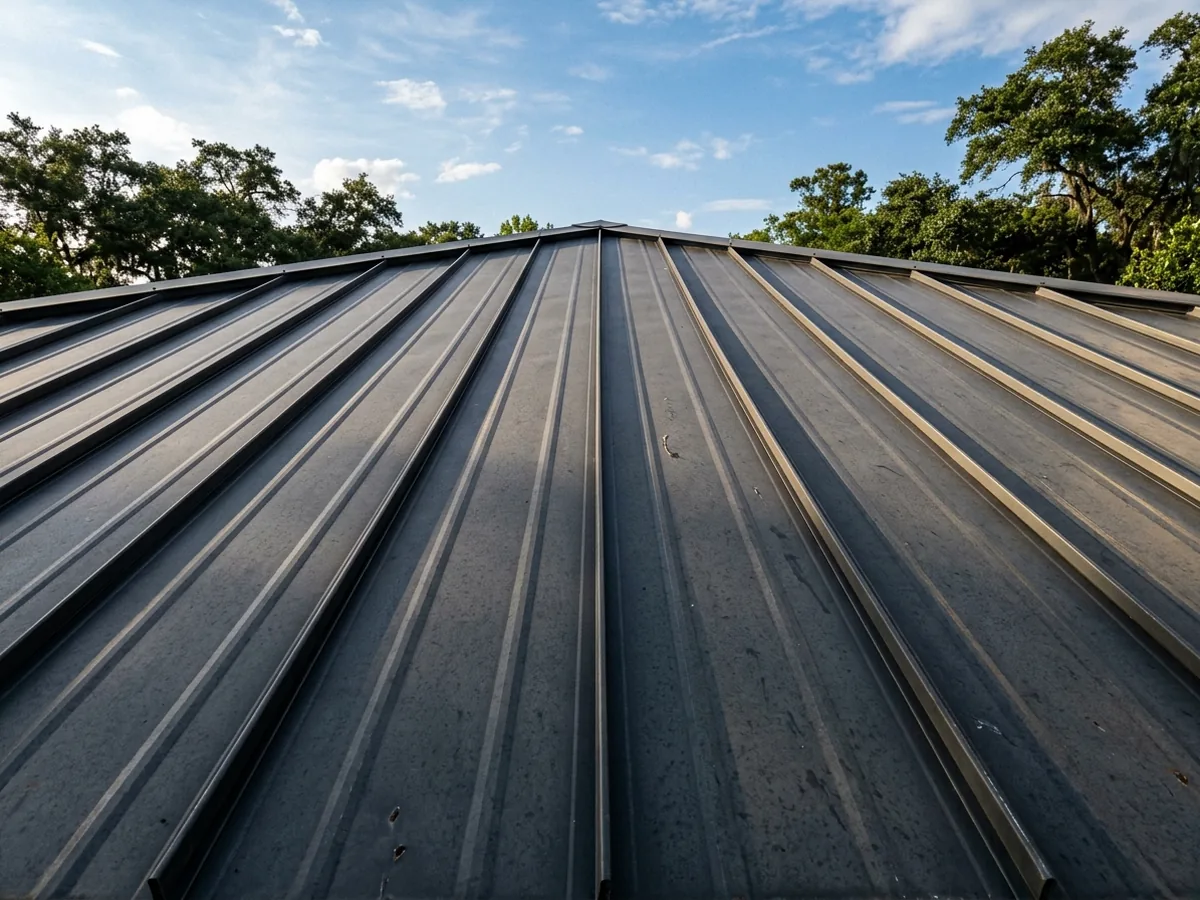 Close view of tall double-folded standing seams running up a steep dark grey metal roof toward a ridge