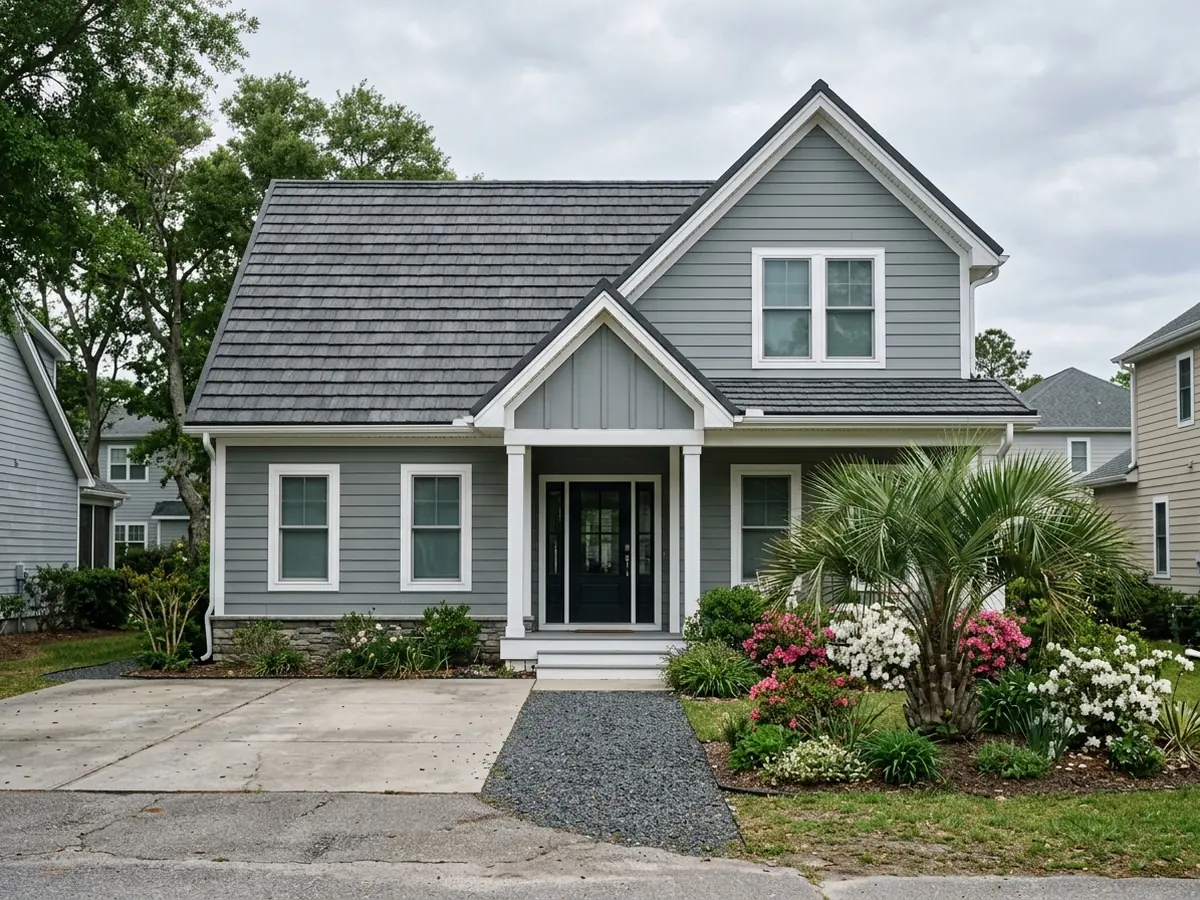 Two-storey coastal home with grey siding and a charcoal stone-coated steel shingle roof
