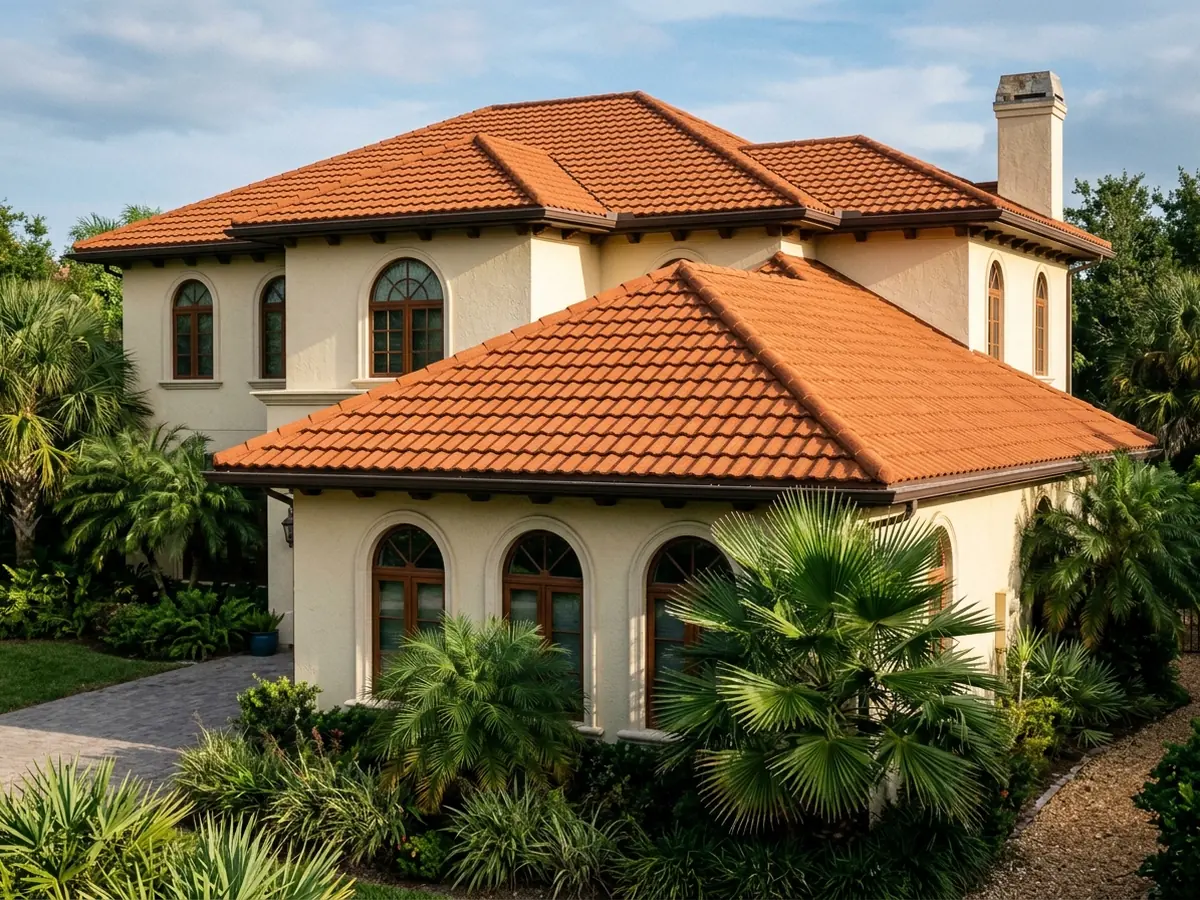 Two-storey stucco house with a terracotta-colored stone coated steel roof in a low-profile tile shape
